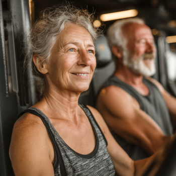Szczęśliwi seniorzy podczas grupowych ćwiczeń